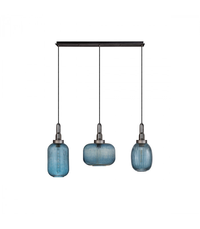Yorktown Linear Ceiling Pendant 3 Light E27 With Various Glasses Aged Pewter Petrol Blue Matt Black-4