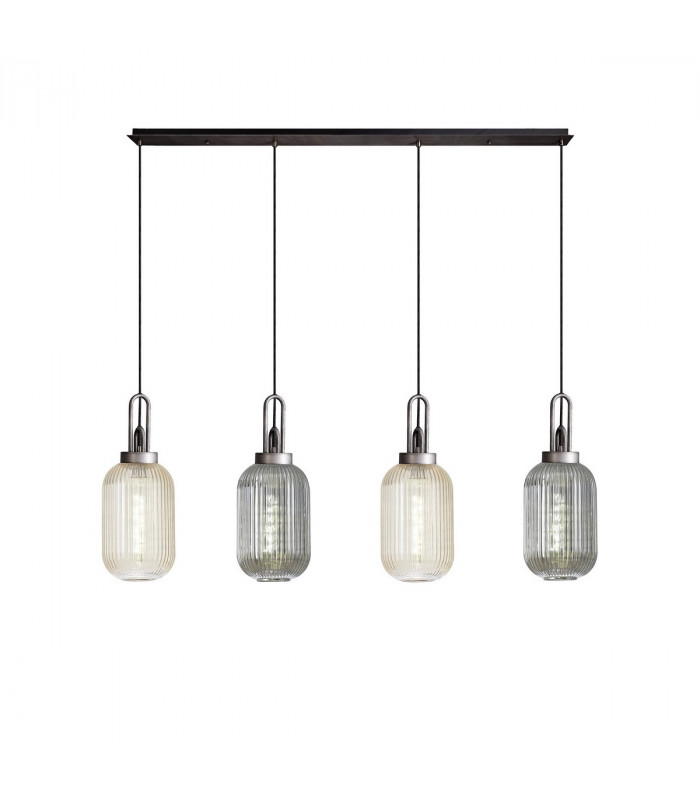 Yorktown Linear Ceiling Pendant 4 Light E27 With 20cm Tubular Ribbed Glass Aged Pewter Champagne Smoked Matt Black-1