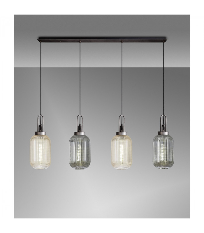 Yorktown Linear Ceiling Pendant 4 Light E27 With 20cm Tubular Ribbed Glass Aged Pewter Champagne Smoked Matt Black-3