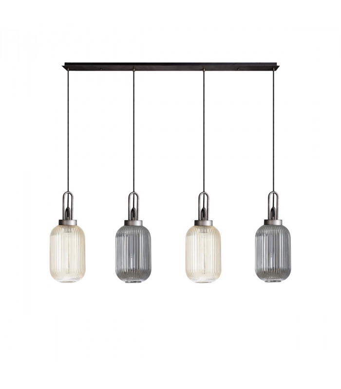Yorktown Linear Ceiling Pendant 4 Light E27 With 20cm Tubular Ribbed Glass Aged Pewter Champagne Smoked Matt Black-4