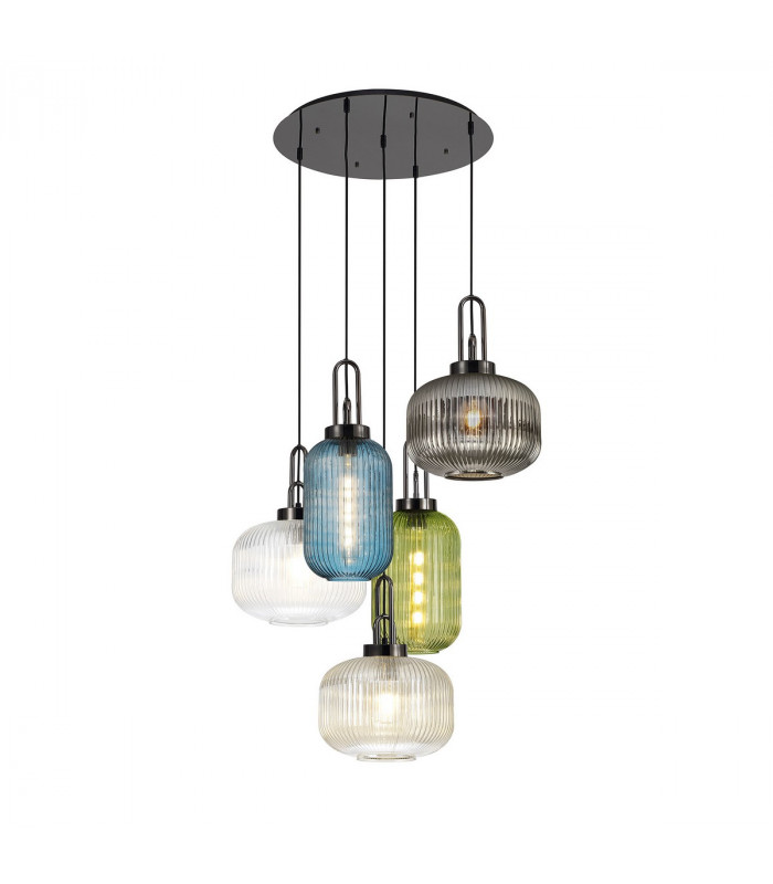 Yorktown 2.5m Round Ceiling Pendant 5 Light E27 With Various Glasses Black Chrome-1
