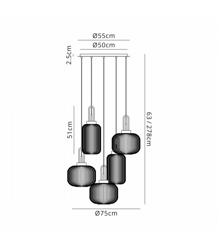Yorktown 2.5m Round Ceiling Pendant 5 Light E27 With Various Glasses Black Chrome-2