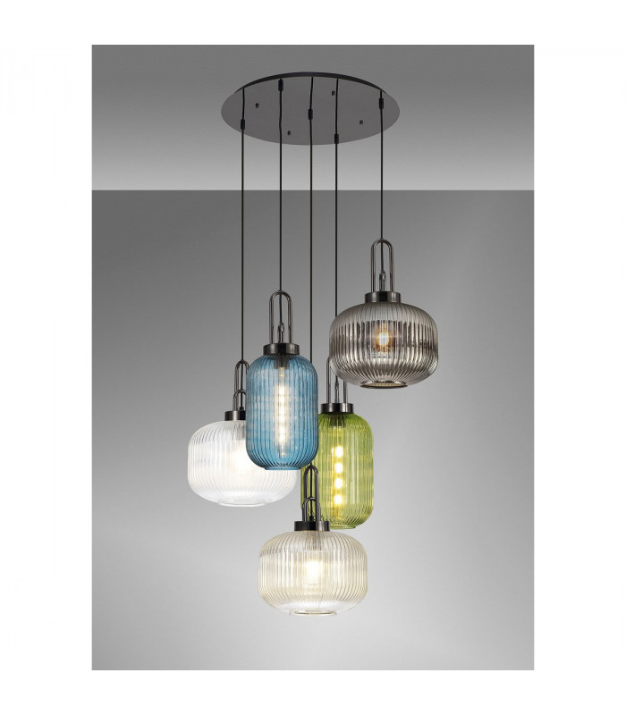 Yorktown 2.5m Round Ceiling Pendant 5 Light E27 With Various Glasses Black Chrome-3