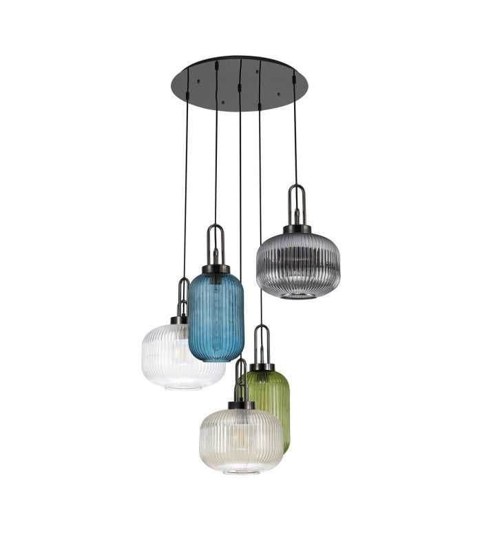 Yorktown 2.5m Round Ceiling Pendant 5 Light E27 With Various Glasses Black Chrome-4