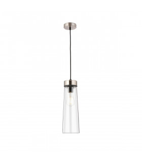 Freedom Ceiling Pendant E27 With Large Clear Cylindrical Cone Glass Satin Nickel Clear Black Fabric-1