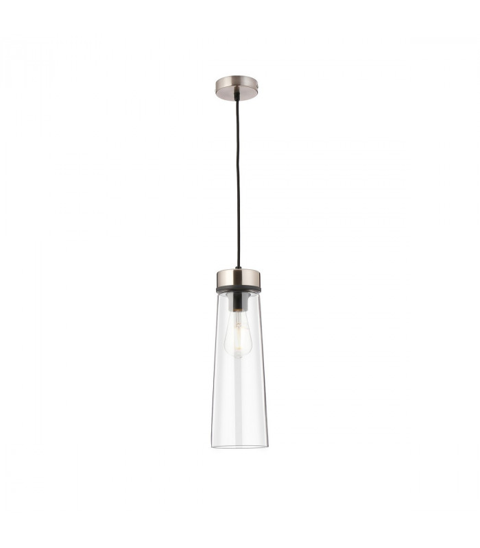 Freedom Ceiling Pendant E27 With Large Clear Cylindrical Cone Glass Satin Nickel Clear Black Fabric-1