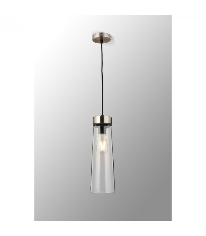 Freedom Ceiling Pendant E27 With Large Clear Cylindrical Cone Glass Satin Nickel Clear Black Fabric-3