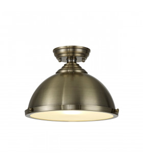 Dresden Flush Ceiling Lamp E27 With Round 31cm Metal Shade Antique Brass Frosted White-1