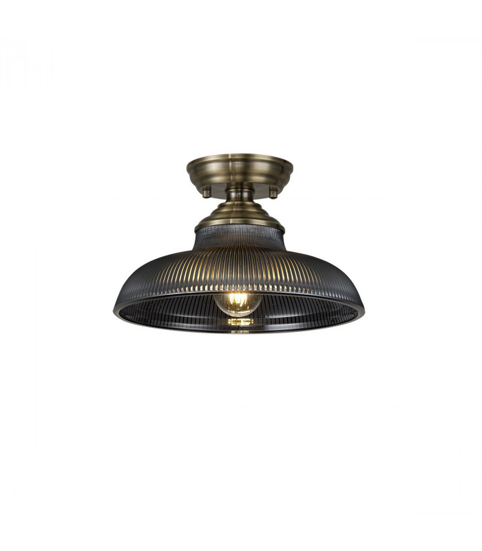 Dresden Flush Ceiling Lamp E27 With Round 30cm Glass Shade Antique Brass Smoked-1