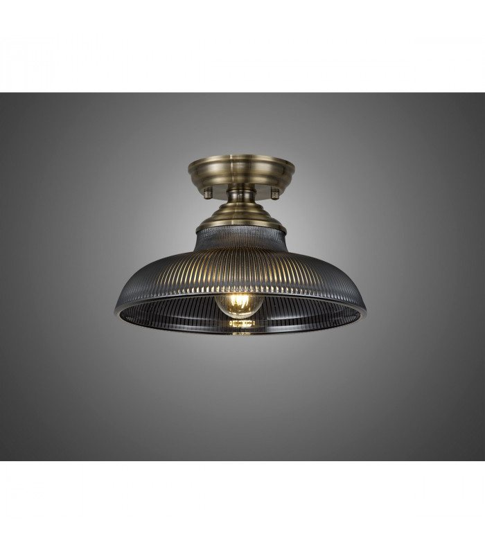 Dresden Flush Ceiling Lamp E27 With Round 30cm Glass Shade Antique Brass Smoked-3
