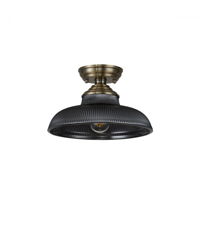 Dresden Flush Ceiling Lamp E27 With Round 30cm Glass Shade Antique Brass Smoked-7