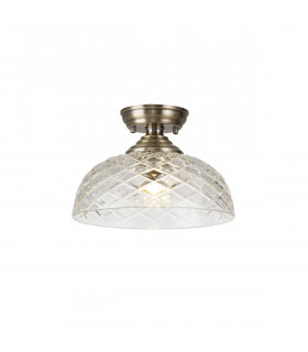 Dresden Flush Ceiling Lamp E27 With Flat Round 30cm Patterned Glass Shade Antique Brass Clear-1