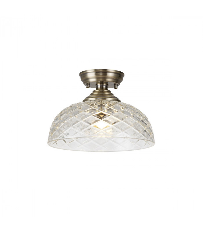 Dresden Flush Ceiling Lamp E27 With Flat Round 30cm Patterned Glass Shade Antique Brass Clear-1