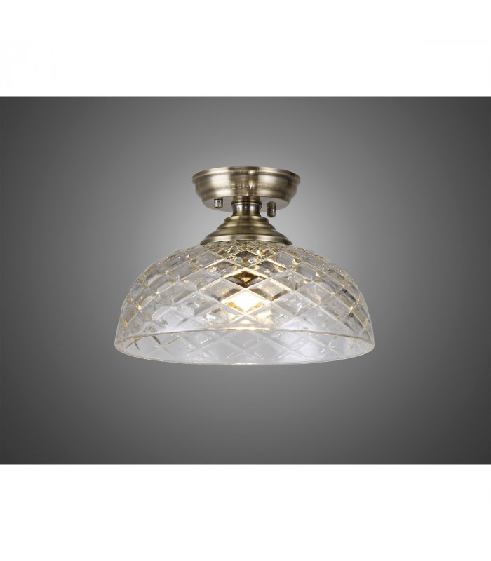 Dresden Flush Ceiling Lamp E27 With Flat Round 30cm Patterned Glass Shade Antique Brass Clear-3