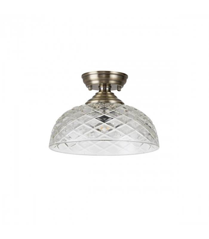 Dresden Flush Ceiling Lamp E27 With Flat Round 30cm Patterned Glass Shade Antique Brass Clear-7