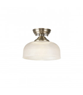 Dresden Flush Ceiling Lamp E27 With Round 26.5cm Prismatic Effect Glass Shade Antique Brass Clear-1