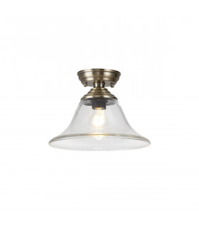 Dresden Flush Ceiling Lamp E27 With Smooth Bell 30cm Glass Shade Antique Brass Clear-1