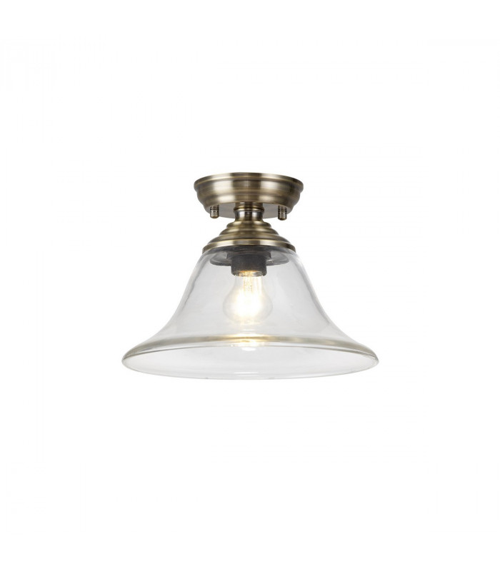 Dresden Flush Ceiling Lamp E27 With Smooth Bell 30cm Glass Shade Antique Brass Clear-1
