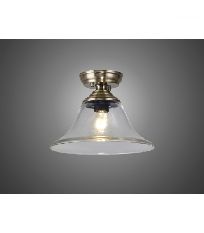 Dresden Flush Ceiling Lamp E27 With Smooth Bell 30cm Glass Shade Antique Brass Clear-3