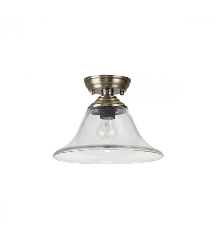 Dresden Flush Ceiling Lamp E27 With Smooth Bell 30cm Glass Shade Antique Brass Clear-7