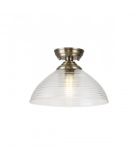 Dresden Flush Ceiling Lamp E27 With Round 33.5cm Prismatic Effect Glass Shade Antique Brass Clear-1
