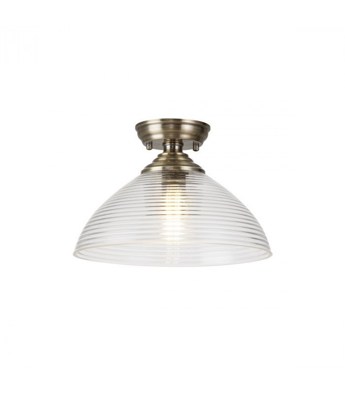Dresden Flush Ceiling Lamp E27 With Round 33.5cm Prismatic Effect Glass Shade Antique Brass Clear-1
