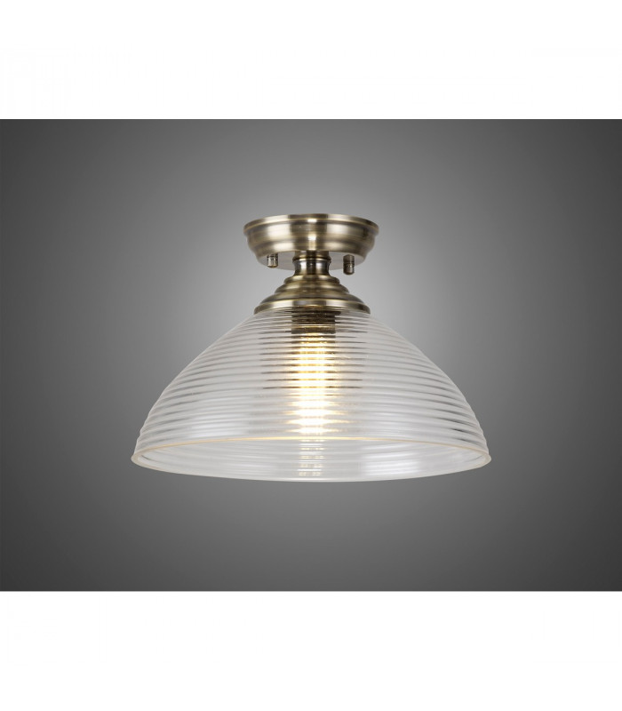 Dresden Flush Ceiling Lamp E27 With Round 33.5cm Prismatic Effect Glass Shade Antique Brass Clear-3
