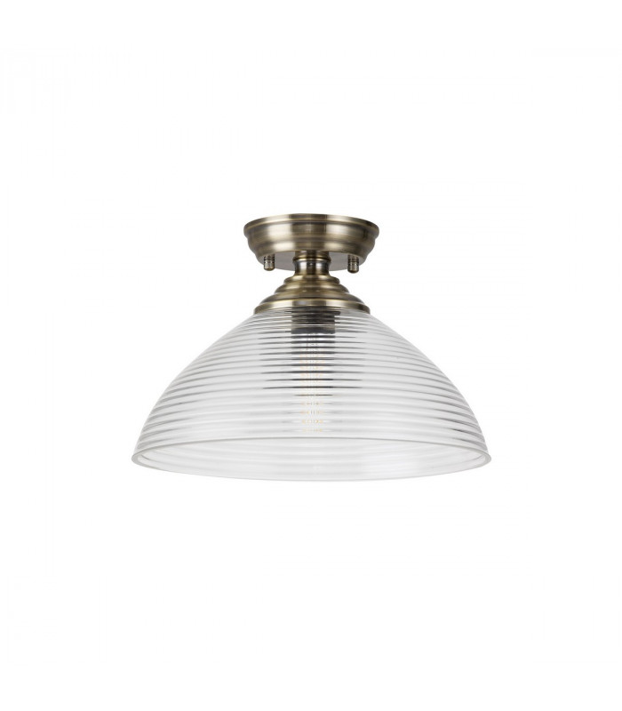 Dresden Flush Ceiling Lamp E27 With Round 33.5cm Prismatic Effect Glass Shade Antique Brass Clear-7