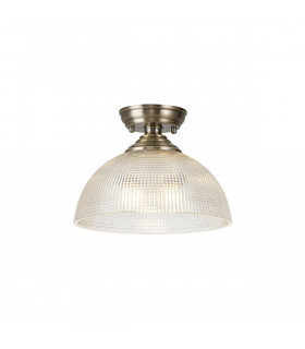 Dresden Flush Ceiling Lamp E27 With Round 30cm Prismatic Effect Glass Shade Antique Brass Clear-1
