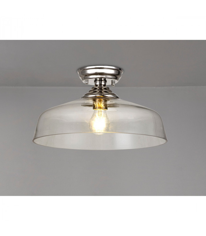 Dresden Flush Ceiling Lamp E27 With Flat Round 38cm Glass Shade Polished Nickel Clear-3