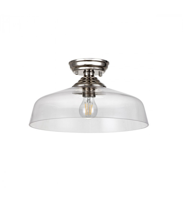 Dresden Flush Ceiling Lamp E27 With Flat Round 38cm Glass Shade Polished Nickel Clear-4