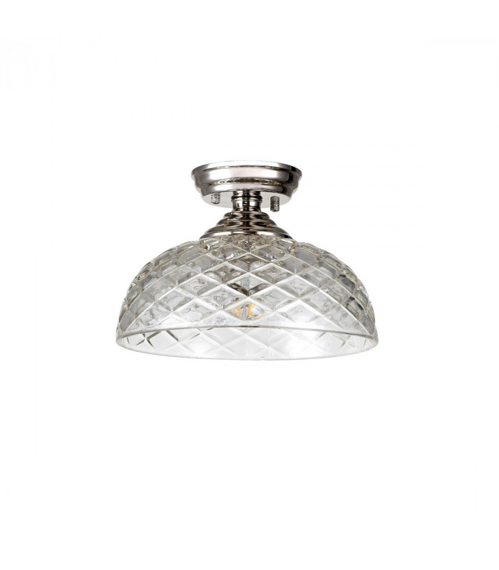 Dresden Flush Ceiling Lamp E27 With Flat Round 30cm Patterned Glass Shade Polished Nickel Clear-7