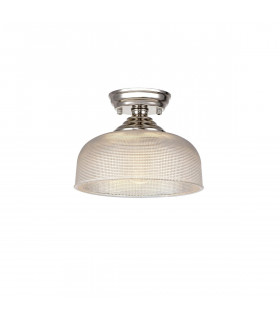 Dresden Flush Ceiling Lamp E27 With Round 26.5cm Prismatic Effect Glass Shade Polished Nickel Clear-1