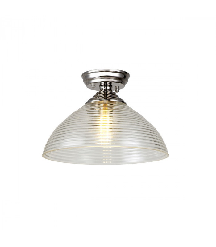Dresden Flush Ceiling Lamp E27 With Round 33.5cm Prismatic Effect Glass Shade Polished Nickel Clear-1