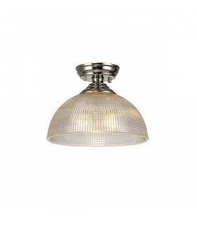 Dresden Flush Ceiling Lamp E27 With Round 30cm Prismatic Effect Glass Shade Polished Nickel Clear-1