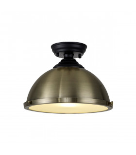 Dresden Flush Ceiling Lamp E27 With Round 31cm Metal Shade Matt Black Antique Brass Frosted White-1