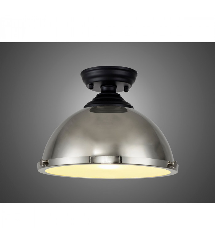Dresden Flush Ceiling Lamp E27 With Round 31cm Metal Shade Matt Black Polished Nickel Frosted White-3
