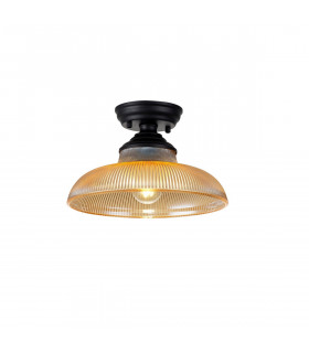 Dresden Flush Ceiling Lamp E27 With Round 30cm Glass Shade Matt Black Amber-1