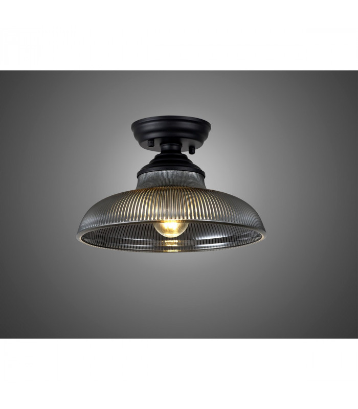 Dresden Flush Ceiling Lamp E27 With Round 30cm Glass Shade Matt Black Smoked-3