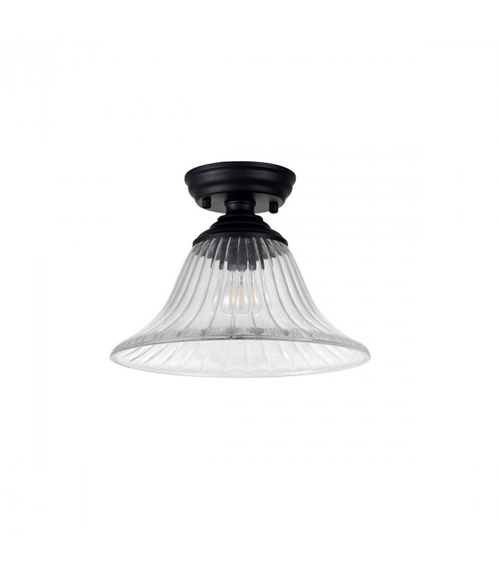 Dresden Flush Ceiling Lamp E27 With Bell 30cm Glass Shade Matt Black Clear-7