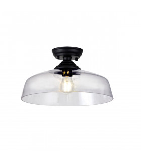 Dresden Flush Ceiling Lamp E27 With Flat Round 38cm Glass Shade Matt Black Clear-1