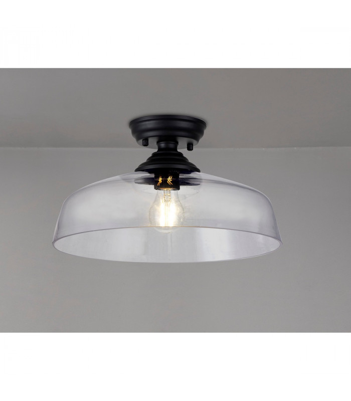 Dresden Flush Ceiling Lamp E27 With Flat Round 38cm Glass Shade Matt Black Clear-3