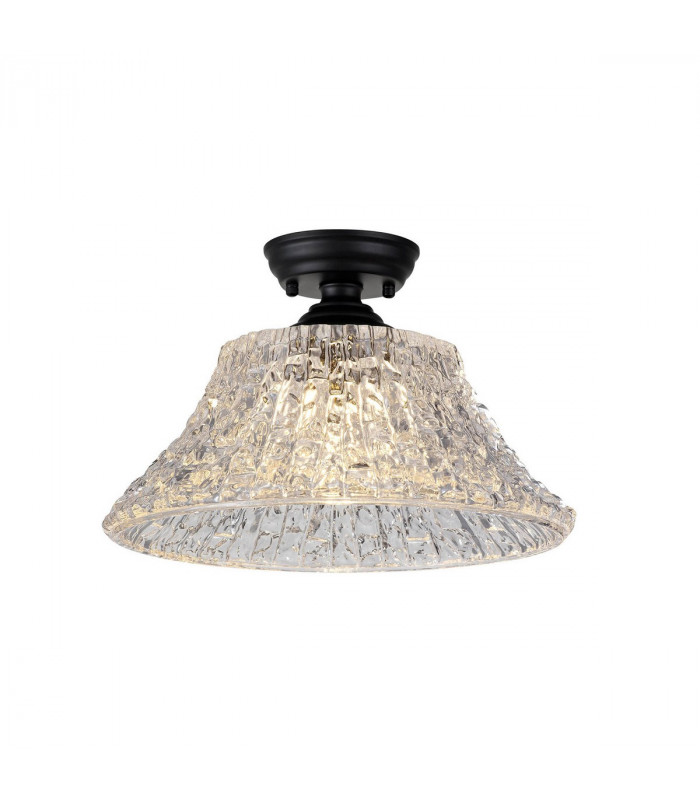 Dresden Flush Ceiling Lamp E27 With Round 38cm Patterned Glass Shade Matt Black Clear-1