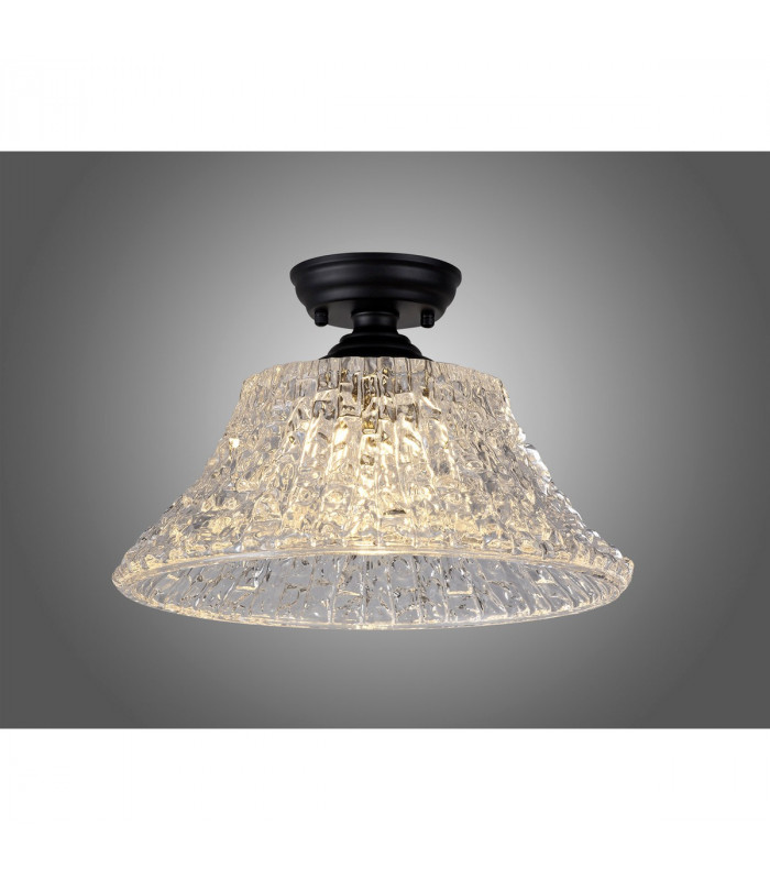 Dresden Flush Ceiling Lamp E27 With Round 38cm Patterned Glass Shade Matt Black Clear-3