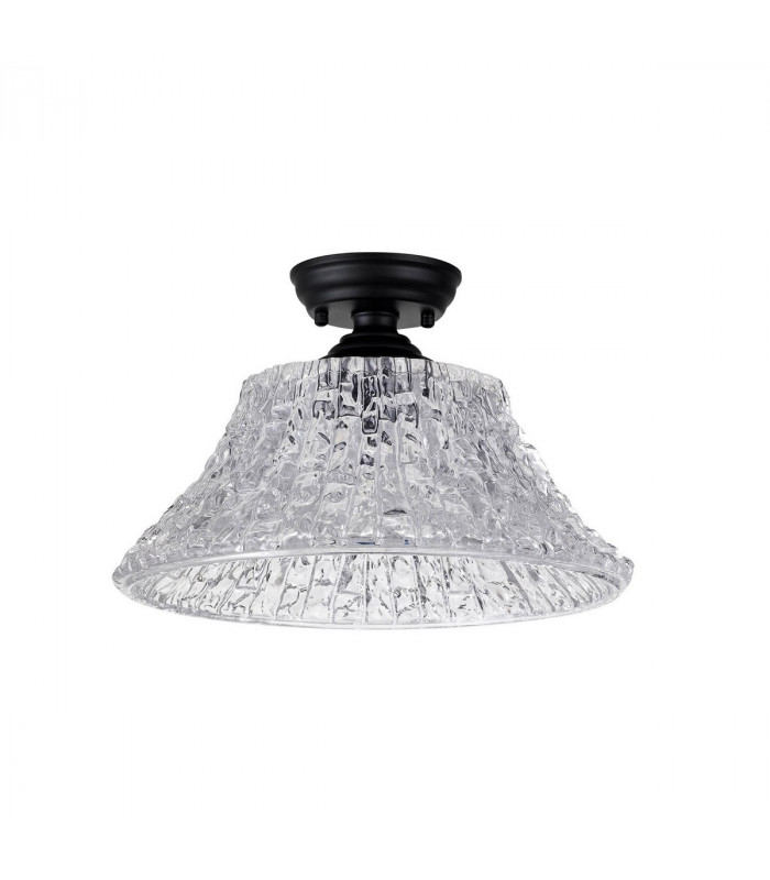 Dresden Flush Ceiling Lamp E27 With Round 38cm Patterned Glass Shade Matt Black Clear-7