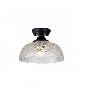 Dresden Flush Ceiling Lamp E27 With Flat Round 30cm Patterned Glass Shade Matt Black Clear-1
