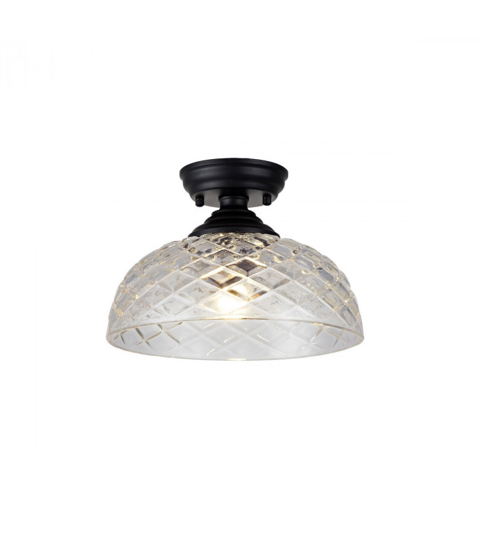 Dresden Flush Ceiling Lamp E27 With Flat Round 30cm Patterned Glass Shade Matt Black Clear-1