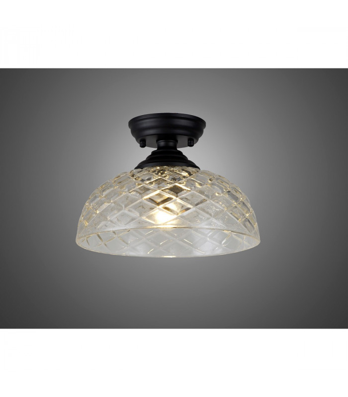 Dresden Flush Ceiling Lamp E27 With Flat Round 30cm Patterned Glass Shade Matt Black Clear-3