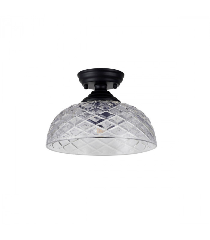 Dresden Flush Ceiling Lamp E27 With Flat Round 30cm Patterned Glass Shade Matt Black Clear-7