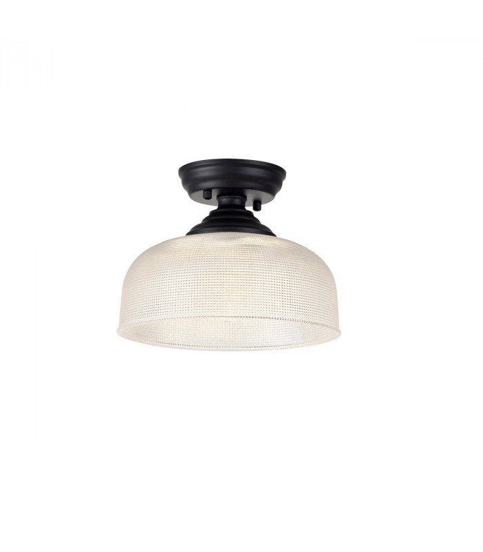 Dresden Flush Ceiling Lamp E27 With Round 26.5cm Prismatic Effect Glass Shade Matt Black Clear-1